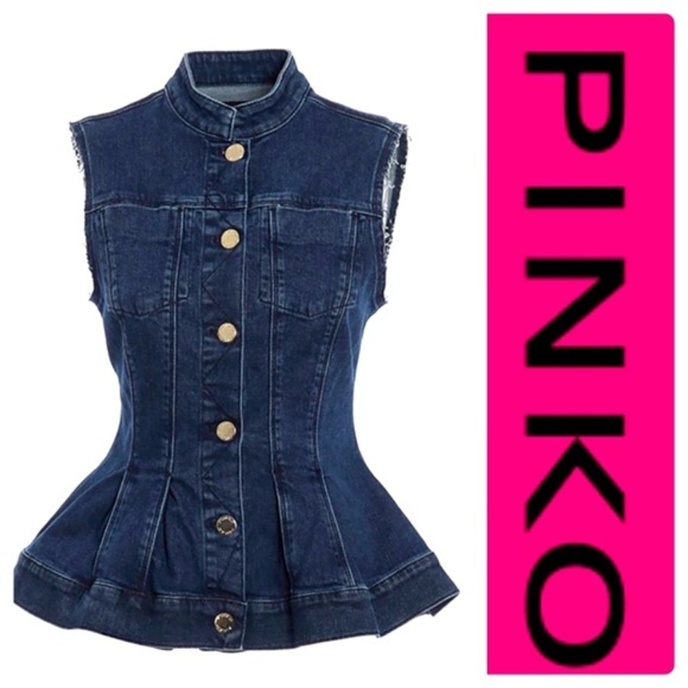 PINKO high end designer distressed denim jean style sleeveless vest.